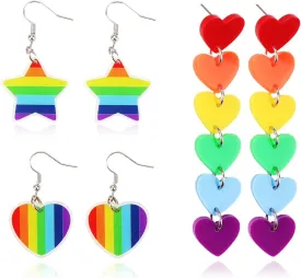 3 Pairs Rainbow Pride Drop Dangle Stud Earrings for Women Pride Month Rainbow Accessories Gay Lesbian Heart Star Lightweight Earrings LGBTQ Gifts