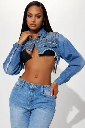 Afterparty Embellished Super Crop Denim Jacket - Medium Wash