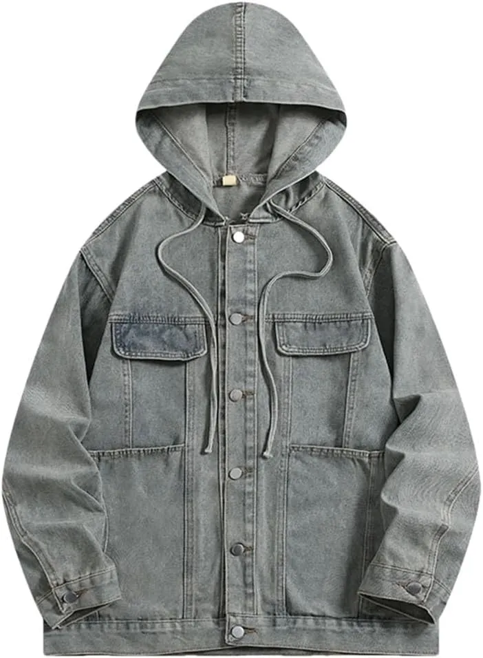 Bciopll Men's Hooded Denim Jacket Vintage Distressed Workwear Casual Loose Cowboy Coats