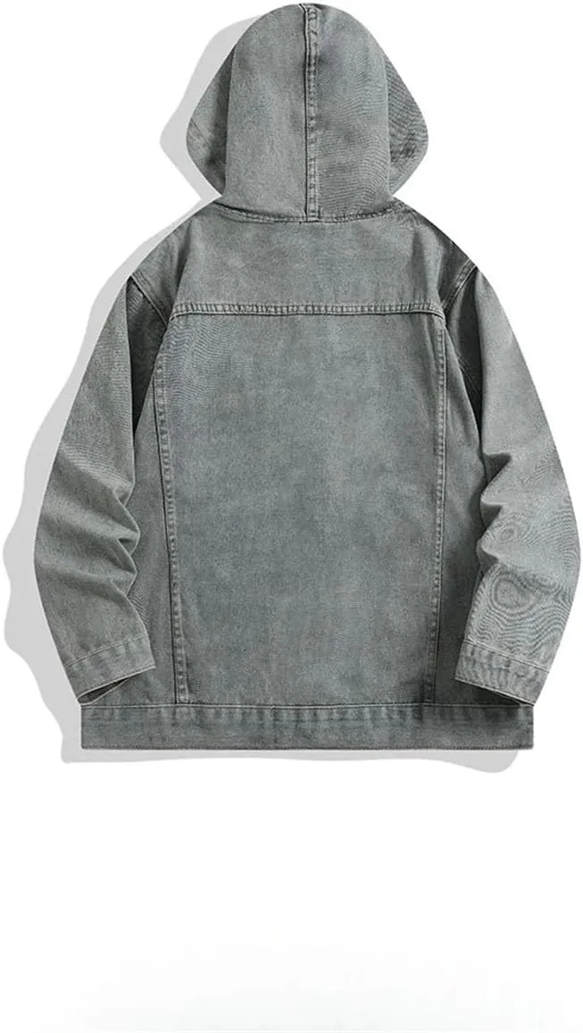 Bciopll Men's Hooded Denim Jacket Vintage Distressed Workwear Casual Loose Cowboy Coats