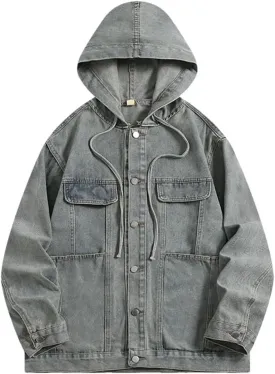 Bciopll Men's Hooded Denim Jacket Vintage Distressed Workwear Casual Loose Cowboy Coats