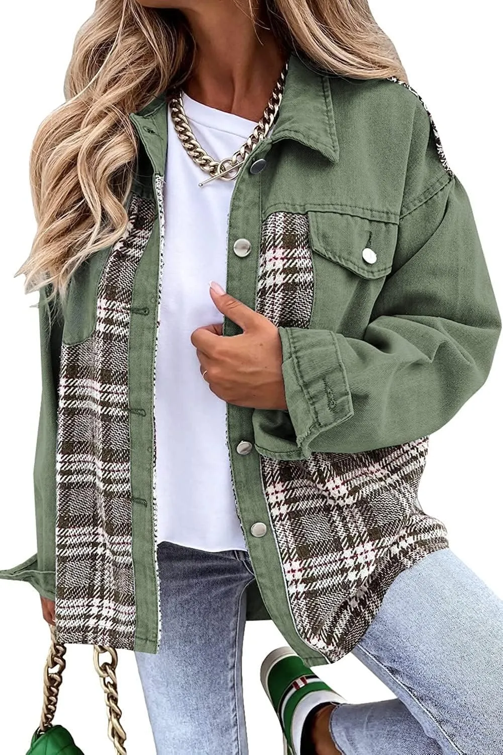 Bengbobar Womens Fall Jackets Oversized Denim Jacket Long Sleeve Plaid Button Down Lapel Collar Denim Shacket for Women 2024