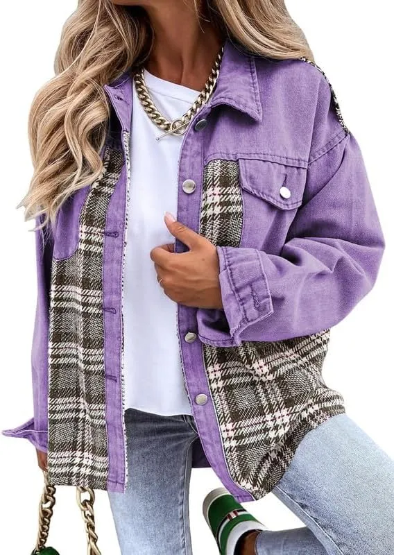 Bengbobar Womens Fall Jackets Oversized Denim Jacket Long Sleeve Plaid Button Down Lapel Collar Denim Shacket for Women 2024