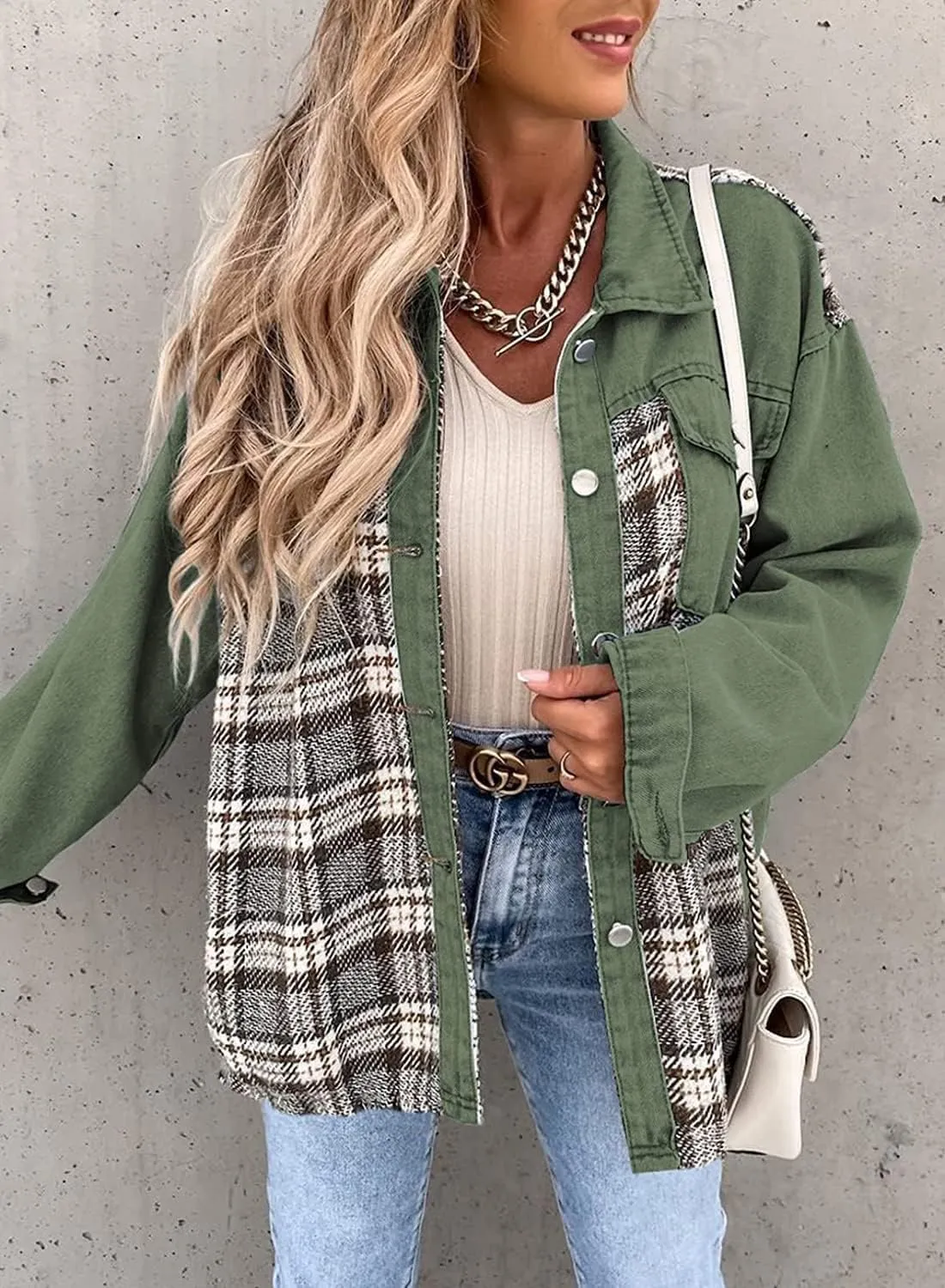 Bengbobar Womens Fall Jackets Oversized Denim Jacket Long Sleeve Plaid Button Down Lapel Collar Denim Shacket for Women 2024