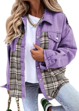 Bengbobar Womens Fall Jackets Oversized Denim Jacket Long Sleeve Plaid Button Down Lapel Collar Denim Shacket for Women 2024