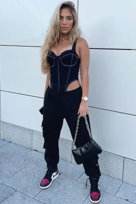 Black Contrast Stitch Denim Bodysuit - Jamelia