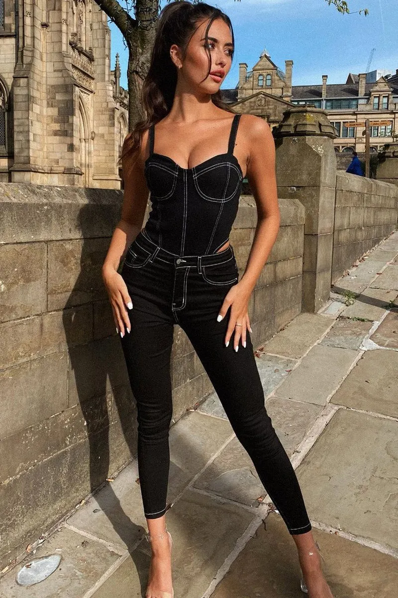 Black Contrast Stitch Denim Bodysuit - Jamelia