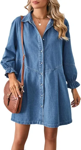 chouyatou Women's Button Down Denim Shirt Dress Lantern Long Sleeve Tiered Baydoll Jean Mini Dress