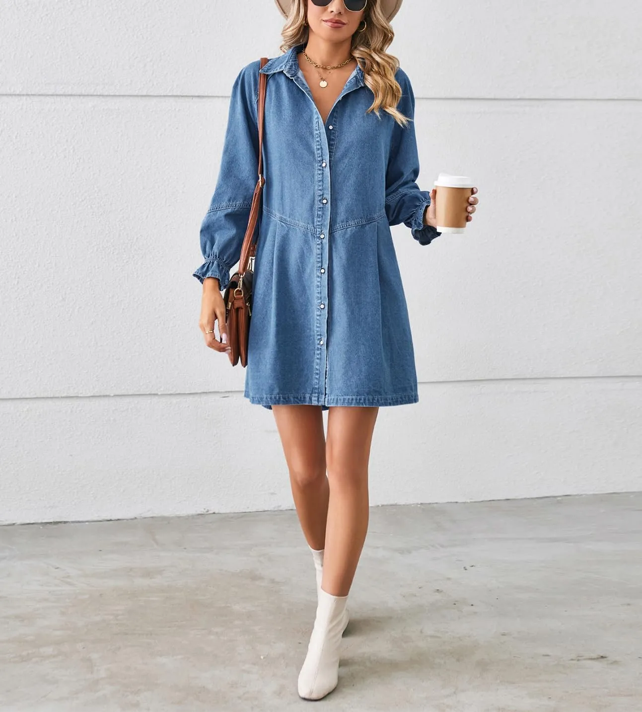 chouyatou Women's Button Down Denim Shirt Dress Lantern Long Sleeve Tiered Baydoll Jean Mini Dress
