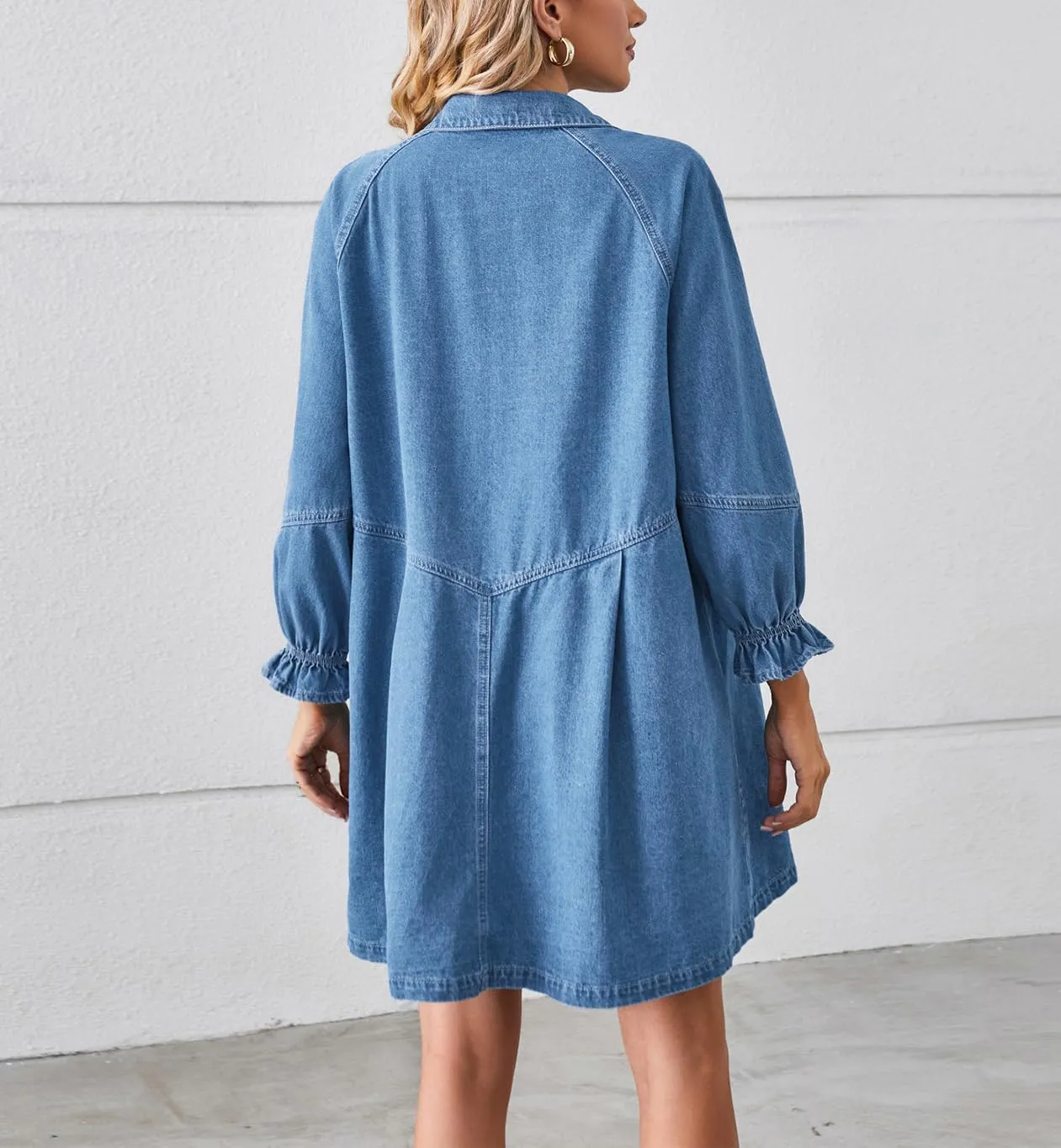 chouyatou Women's Button Down Denim Shirt Dress Lantern Long Sleeve Tiered Baydoll Jean Mini Dress