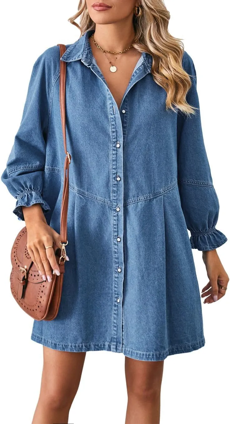 chouyatou Women's Button Down Denim Shirt Dress Lantern Long Sleeve Tiered Baydoll Jean Mini Dress