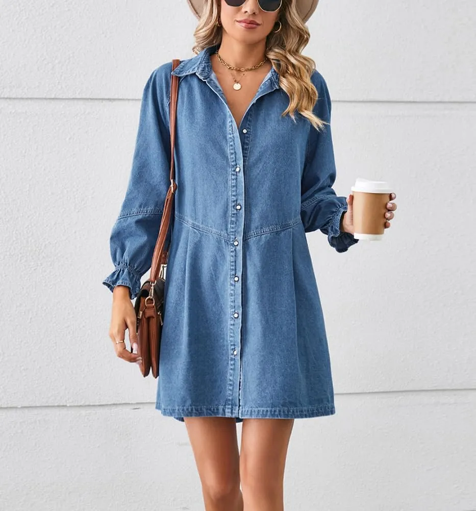 chouyatou Women's Button Down Denim Shirt Dress Lantern Long Sleeve Tiered Baydoll Jean Mini Dress