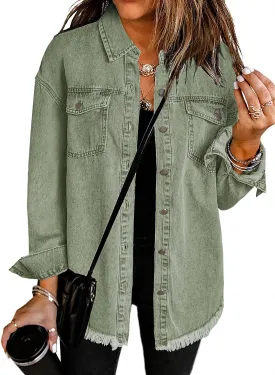 Dokotoo Women's Oversized Denim Jacket Casual Long Sleeve Denim Shirts Distresse Jean Jacket 2025 Spring Outfits