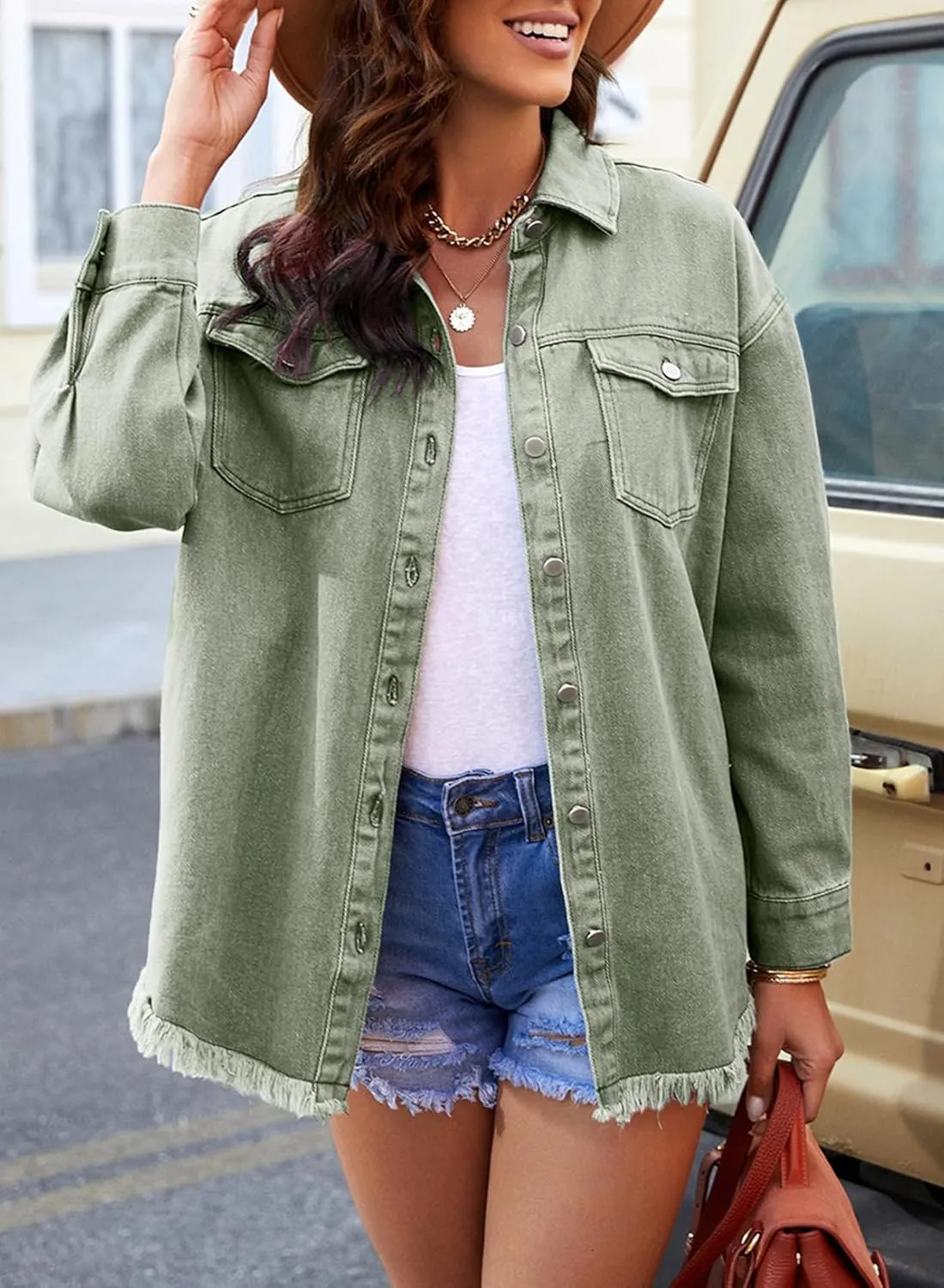 Dokotoo Women's Oversized Denim Jacket Casual Long Sleeve Denim Shirts Distresse Jean Jacket 2025 Spring Outfits