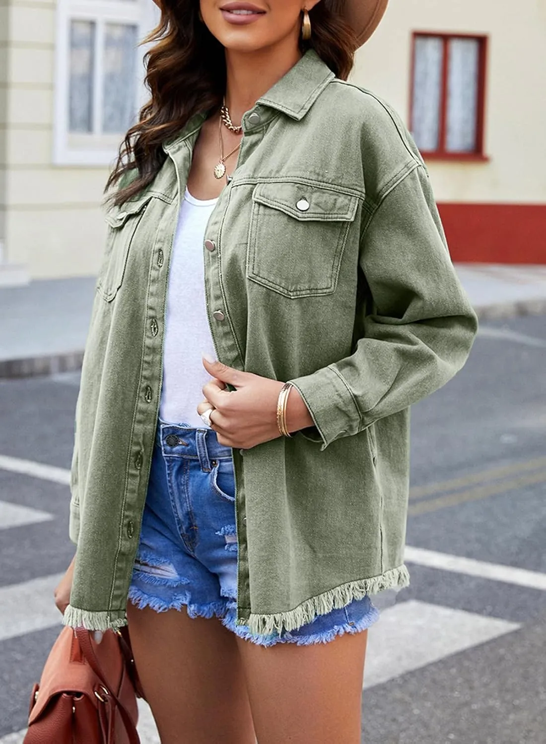 Dokotoo Women's Oversized Denim Jacket Casual Long Sleeve Denim Shirts Distresse Jean Jacket 2025 Spring Outfits