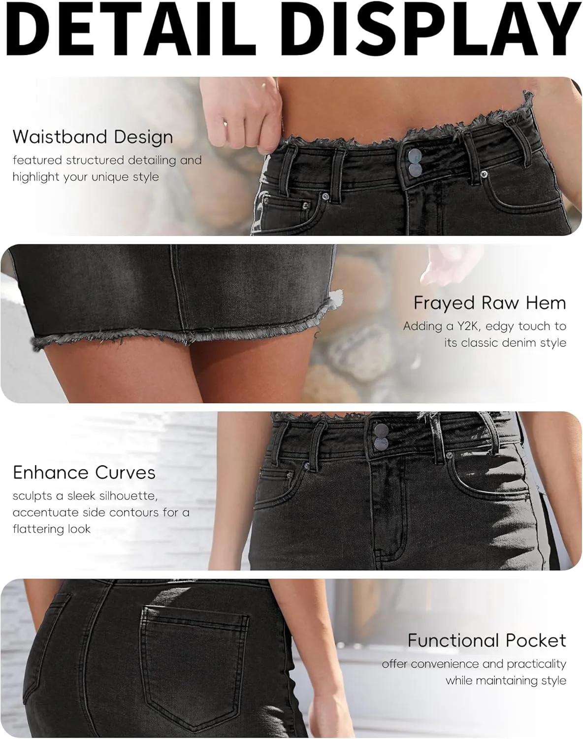 ELLEVEN Raw Hem Jean Skirt Stretchy & Soft - Denim Mini Skirt with Pockets Casual Outfit