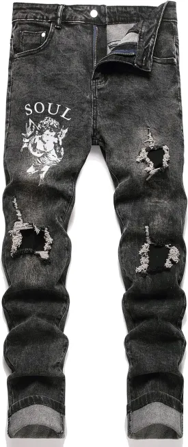 Enrica Men's Ripped Distressed Destroyed Straight Fit Washed Denim Jeans