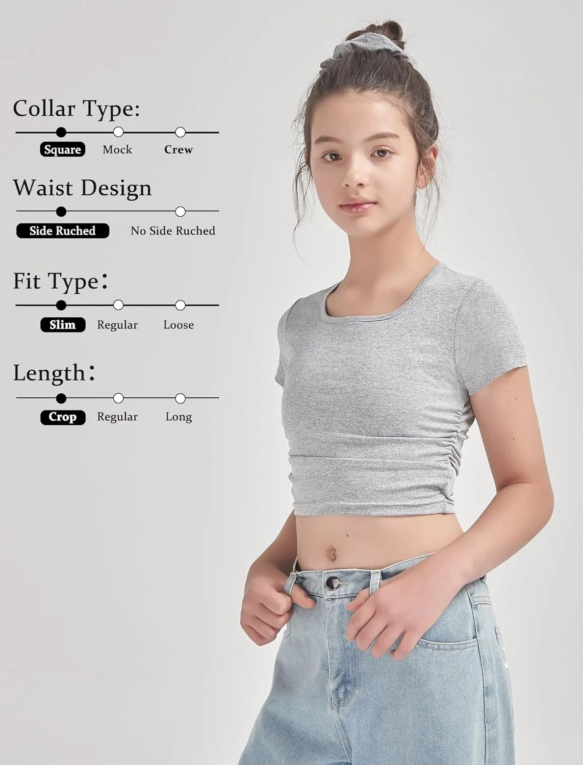 EXARUS 3 Pack Girls Cropped Slim Fit T Shirts Short Sleeve Soft Basic Crew/Mock/Square Neck Tees Side Waist Ruched Tops