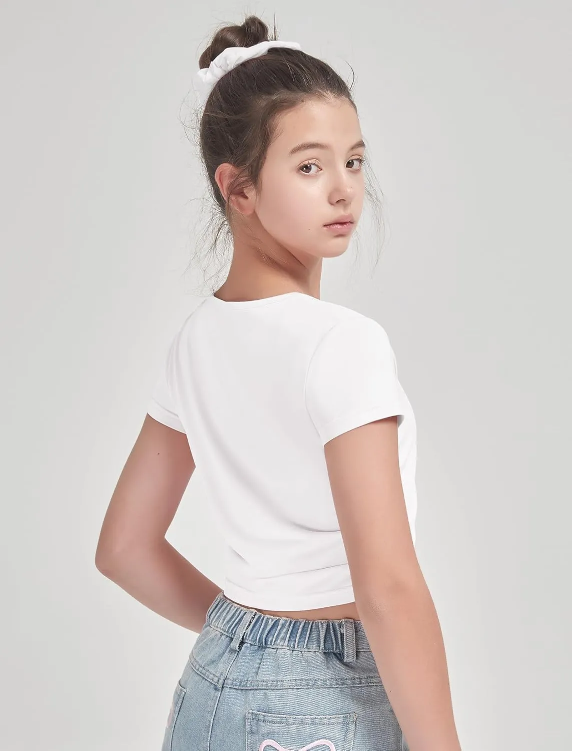 EXARUS 3 Pack Girls Cropped Slim Fit T Shirts Short Sleeve Soft Basic Crew/Mock/Square Neck Tees Side Waist Ruched Tops