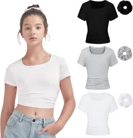 EXARUS 3 Pack Girls Cropped Slim Fit T Shirts Short Sleeve Soft Basic Crew/Mock/Square Neck Tees Side Waist Ruched Tops