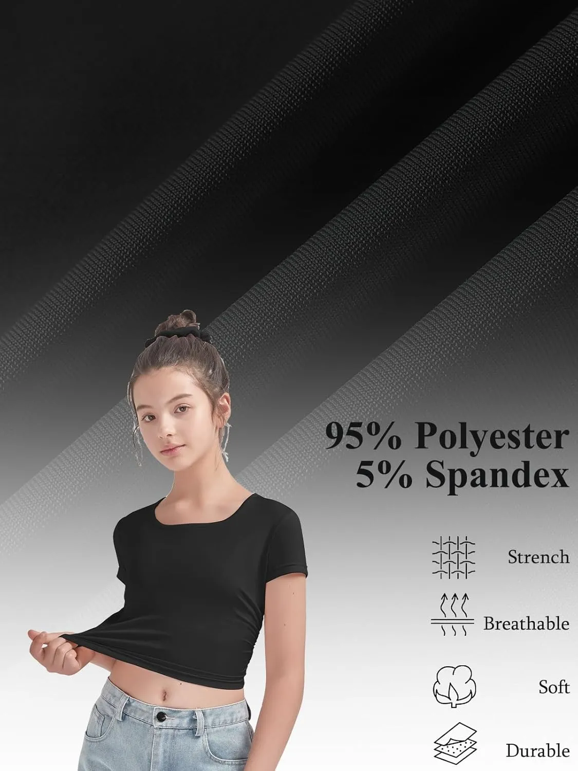 EXARUS 3 Pack Girls Cropped Slim Fit T Shirts Short Sleeve Soft Basic Crew/Mock/Square Neck Tees Side Waist Ruched Tops