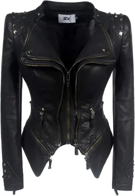 Fashion SX Womens Rivet Faux Leather Jacket Zipper Moto Biker Denim coat Motorcycle Outwear