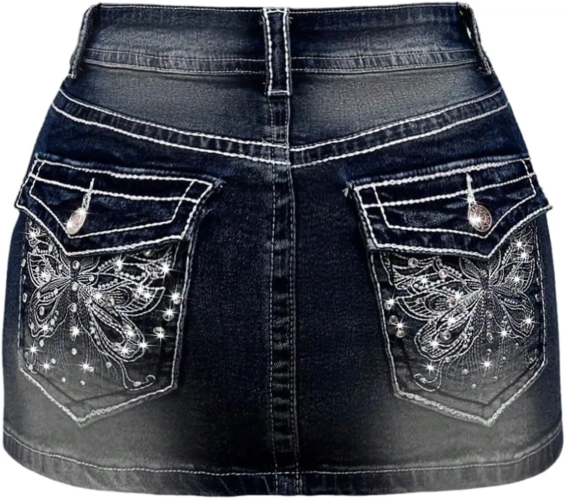 Floerns Women's Y2k Butterfly Denim Skirts Low Waist Stretch Bodycon Mini Skirt