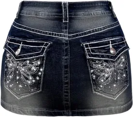 Floerns Women's Y2k Butterfly Denim Skirts Low Waist Stretch Bodycon Mini Skirt