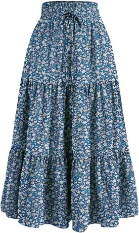 Floral Maxi Skirt Flowy Trendy Long Skirts for Women Boho High Waisted Swing A Line Tiered Casual Clothes