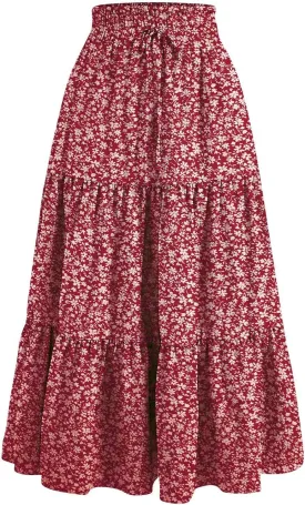 Floral Maxi Skirt Flowy Trendy Long Skirts for Women Boho High Waisted Swing A Line Tiered Casual Clothes