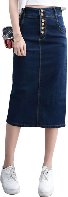 Flygo Women's Casual High Waist Stretch Denim Pencil Skirt Pockets Back Slits