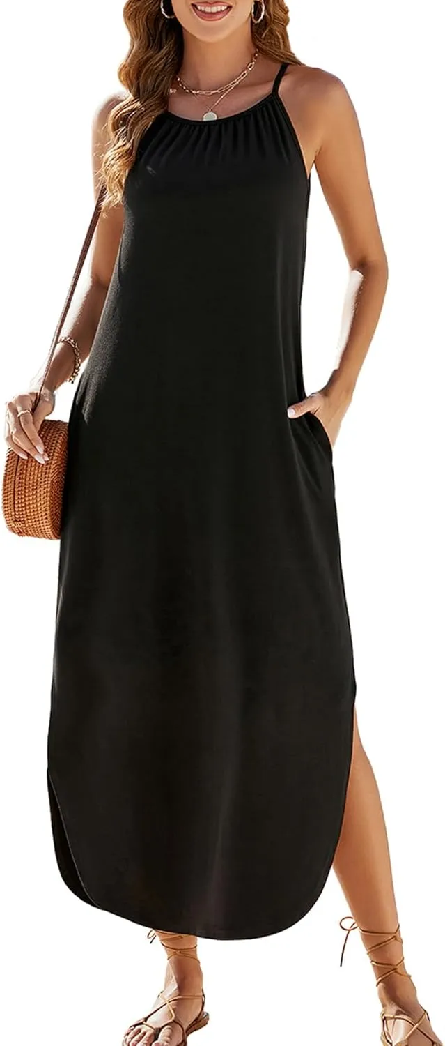 Halife Womens Summer Dresses Casual Loose Halter Long Sundress Sleeveless Split Maxi Beach Dress with Pockets