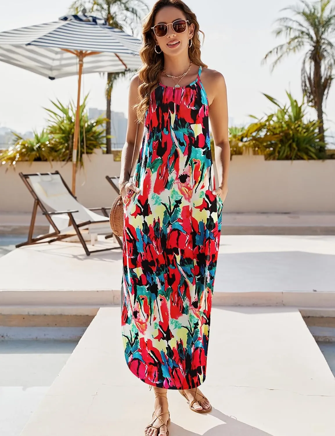 Halife Womens Summer Dresses Casual Loose Halter Long Sundress Sleeveless Split Maxi Beach Dress with Pockets