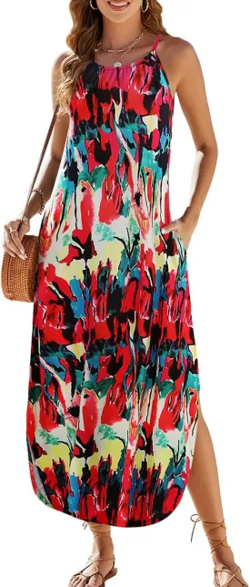 Halife Womens Summer Dresses Casual Loose Halter Long Sundress Sleeveless Split Maxi Beach Dress with Pockets