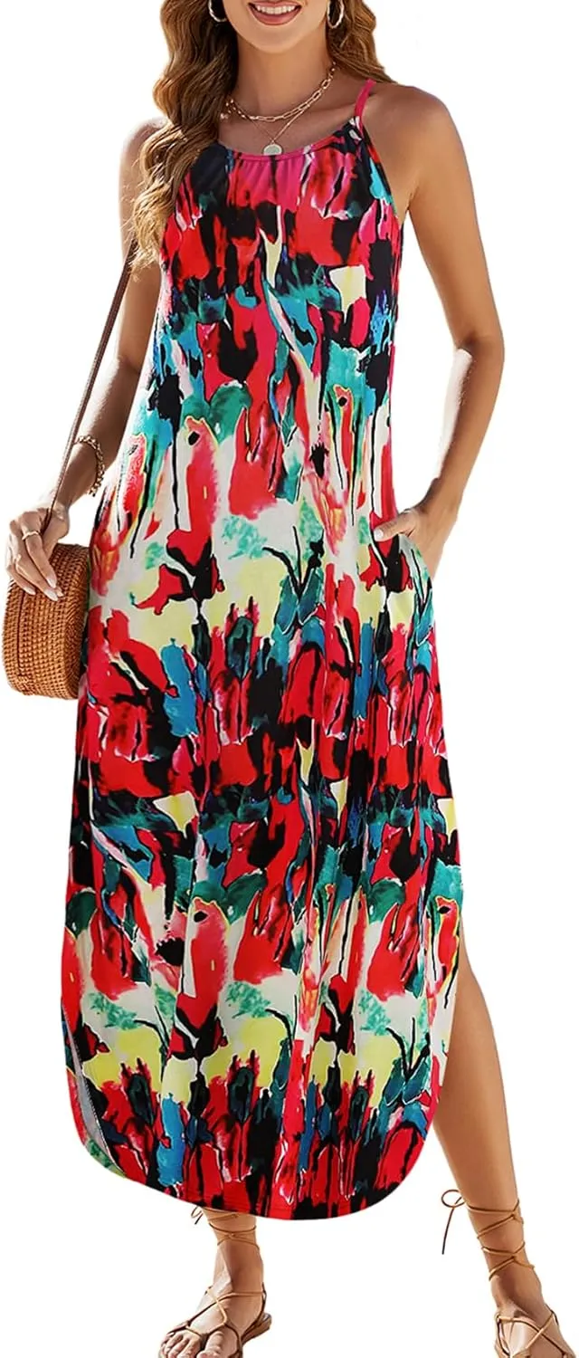 Halife Womens Summer Dresses Casual Loose Halter Long Sundress Sleeveless Split Maxi Beach Dress with Pockets