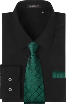 HISDERN Mens Dress Shirt with Tie Pocket Square Set Classic Button Down Shirt Matching Tie Long Sleeve Shirts