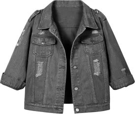 Hixiaohe Women Autumn 3/4 Sleeve Retro Short Denim Jackets Light Blue Jean Coats
