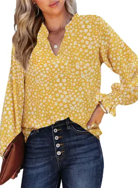 HOTOUCH Women Bohemian V Neck Floral Print Smocked Long Sleeve Casual Tops Chiffon Blouses Boho Shirts
