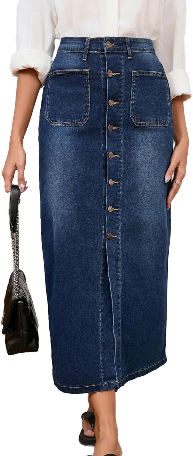 Jean Skirt for Women Denim Skirt High Waist Stretch Midi Denim Skirts with Pockets