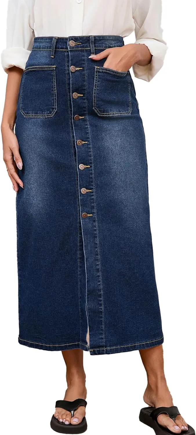 Jean Skirt for Women Denim Skirt High Waist Stretch Midi Denim Skirts with Pockets