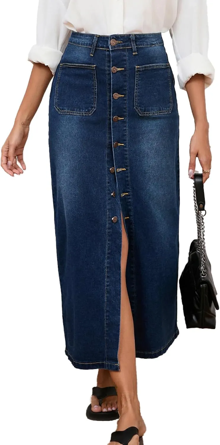 Jean Skirt for Women Denim Skirt High Waist Stretch Midi Denim Skirts with Pockets