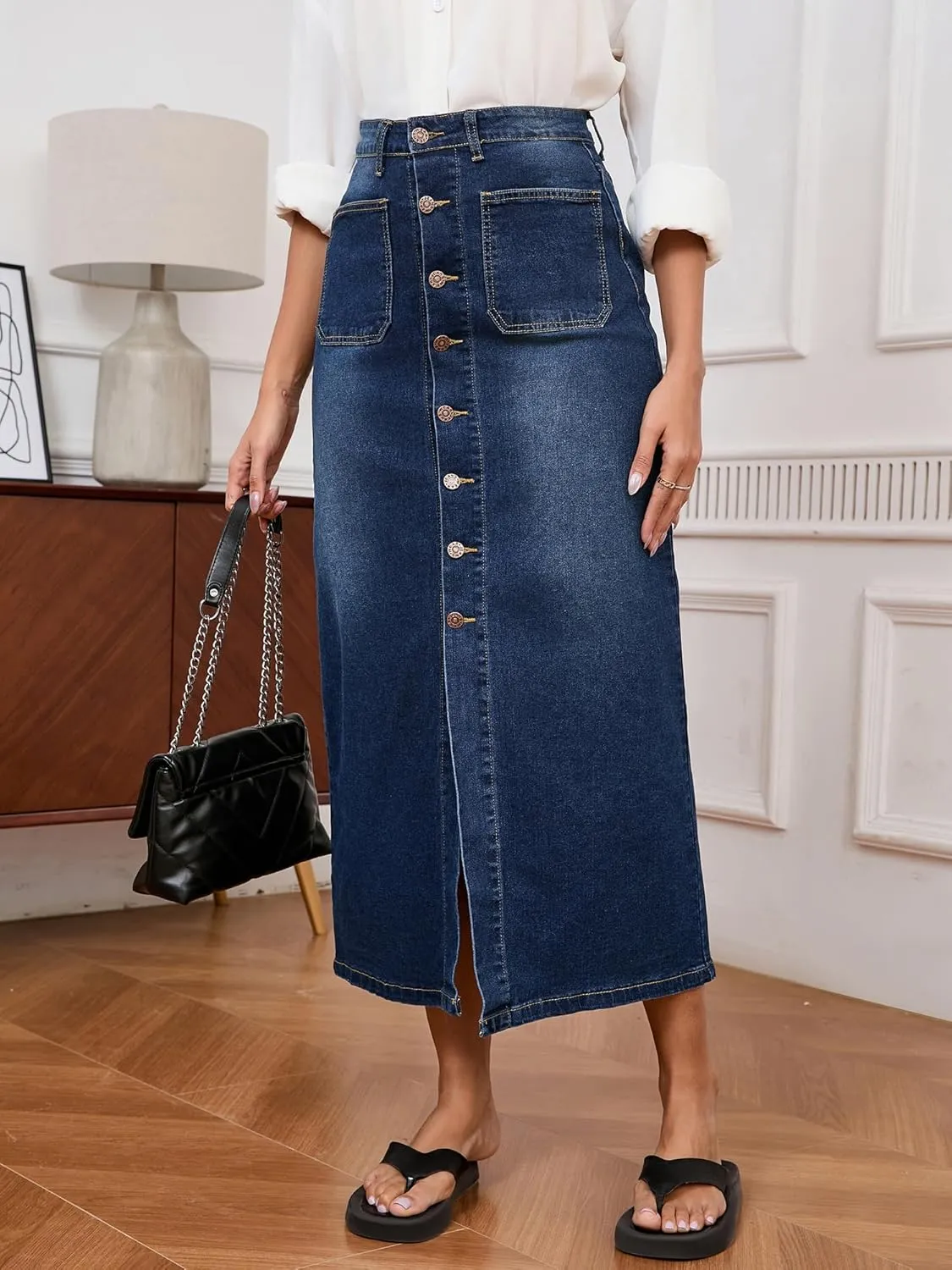Jean Skirt for Women Denim Skirt High Waist Stretch Midi Denim Skirts with Pockets