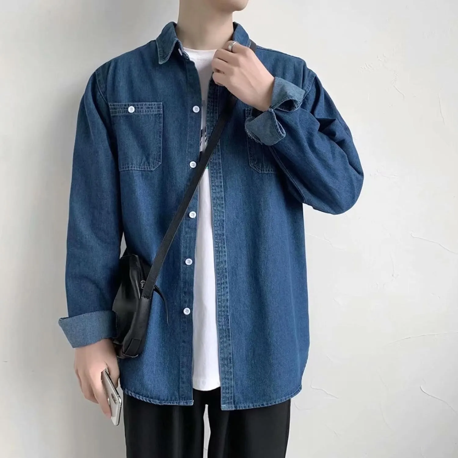 JEKE-DG Men's Button Down Vintage Denim Jacket Cotton Casual Outdoor Jean Shirt Long Sleeve Soft Trucker Jean Shirts