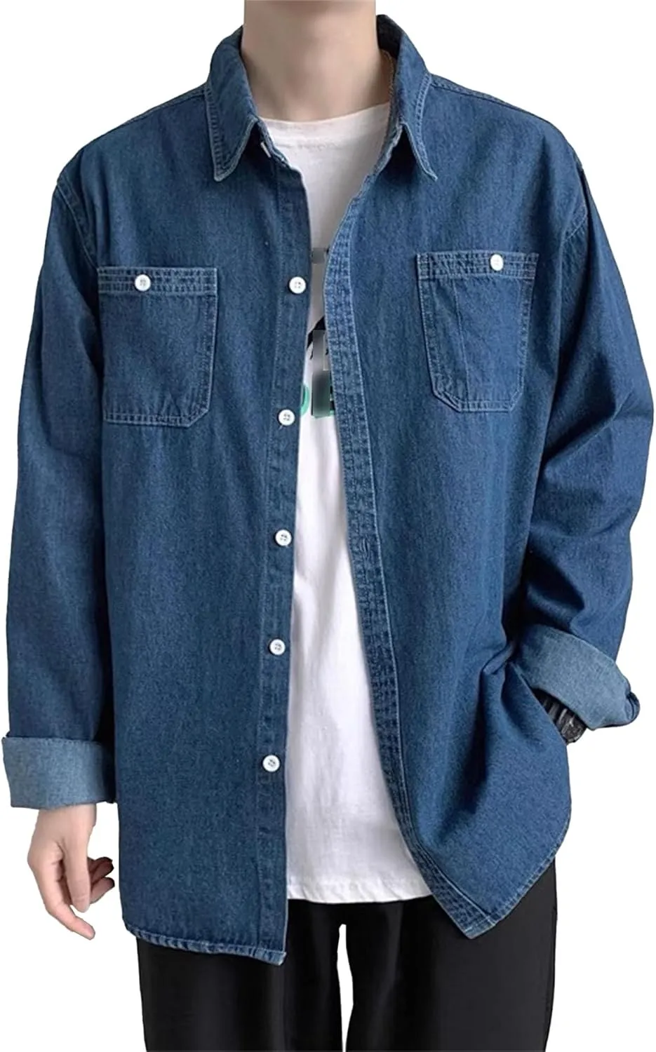 JEKE-DG Men's Button Down Vintage Denim Jacket Cotton Casual Outdoor Jean Shirt Long Sleeve Soft Trucker Jean Shirts