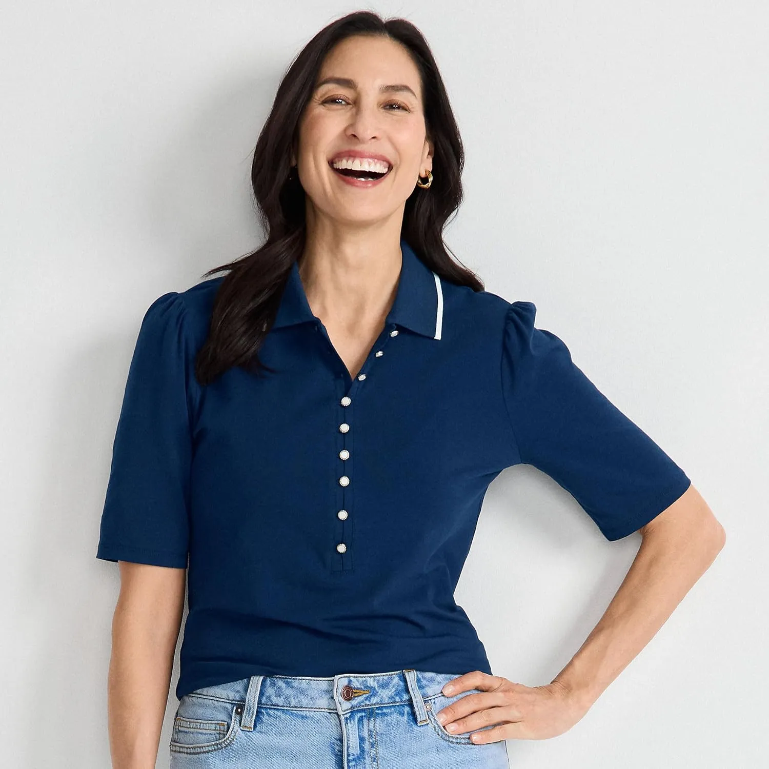 Lands' End Women's Elbow Sleeve Lightweight Jersey Embellished Polo