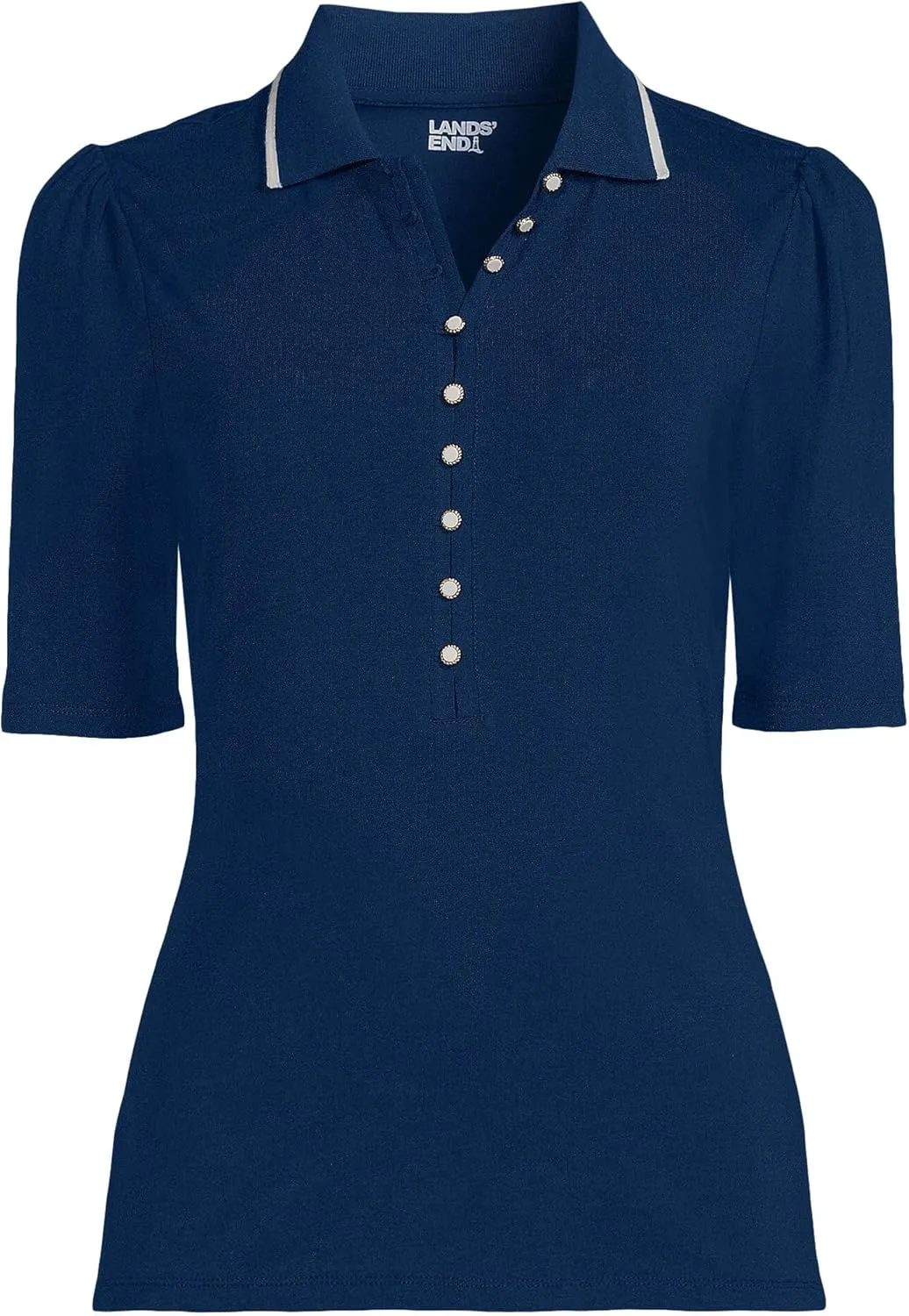 Lands' End Women's Elbow Sleeve Lightweight Jersey Embellished Polo