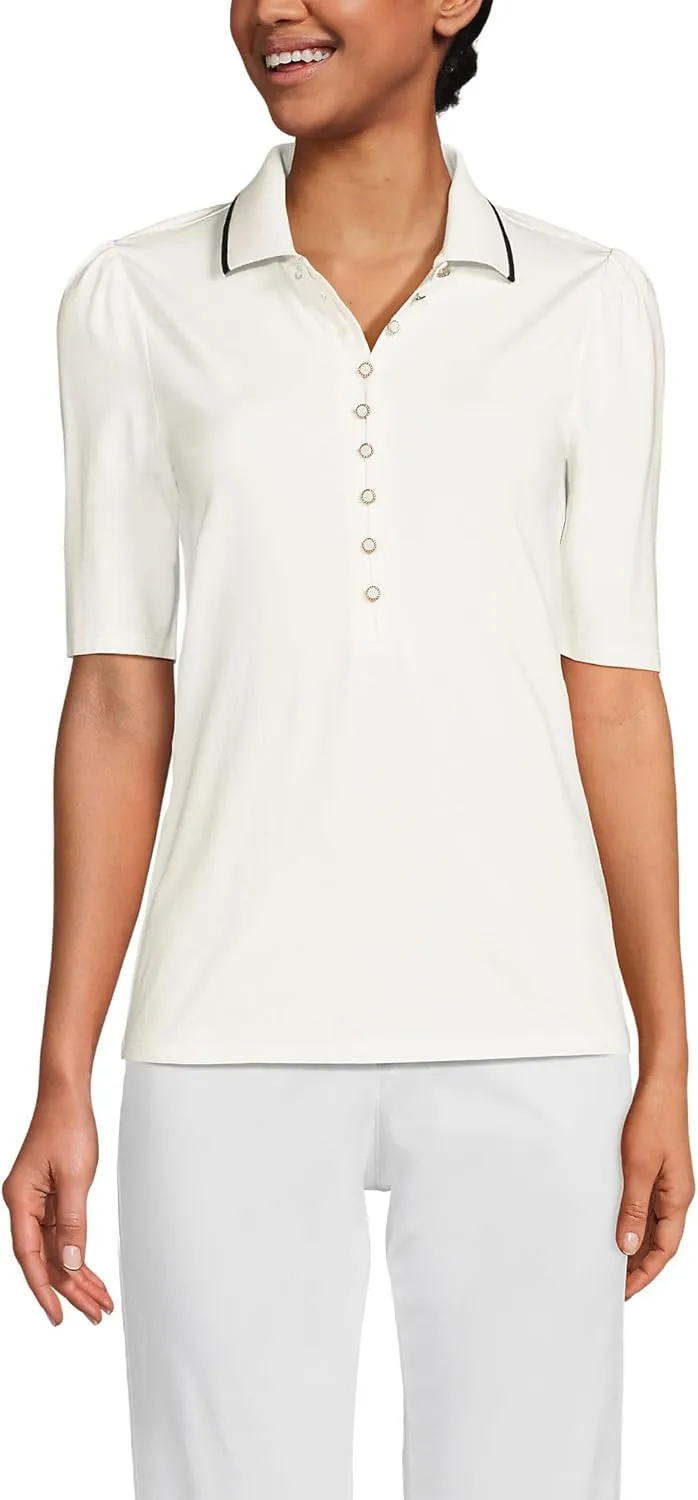 Lands' End Women's Elbow Sleeve Lightweight Jersey Embellished Polo
