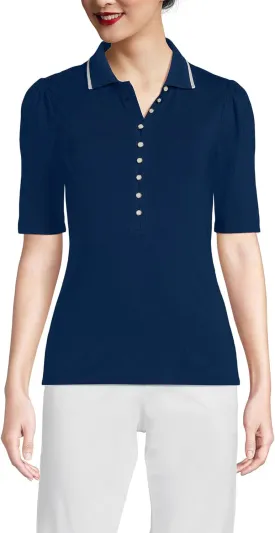 Lands' End Women's Elbow Sleeve Lightweight Jersey Embellished Polo