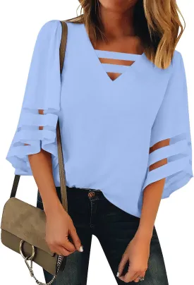 LookbookStore Tops for Women Trendy 2024 Dressy Casual V Neck Mesh Panel Blouse 3/4 Bell Sleeve Shirt