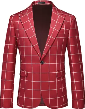 Mens Blazer Plaid Sport Coats One Button Casual Slim Fit Checked Jacket